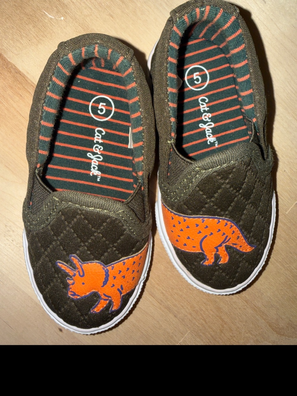 Cat & Jack Olive Green Slip-On Sneakers with Orange Dinosaur Accent